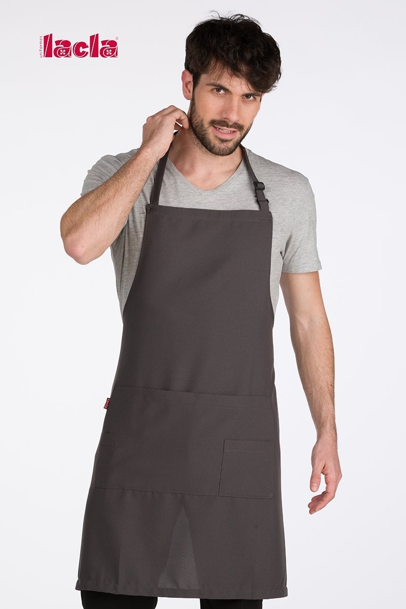 Delantal mediano con peto y bolsillos color gris oscuro