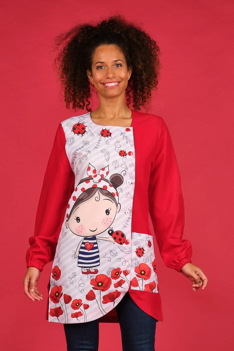 Bata elegante de M/L, bolsillo y botones “ Niña amapola “