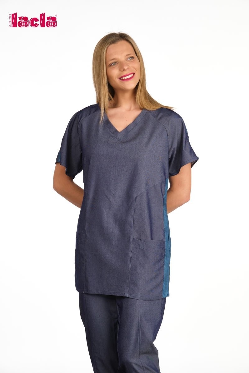 Casaca Unisex, de cuello pico y M/C. Tejano licra color azul oscuro