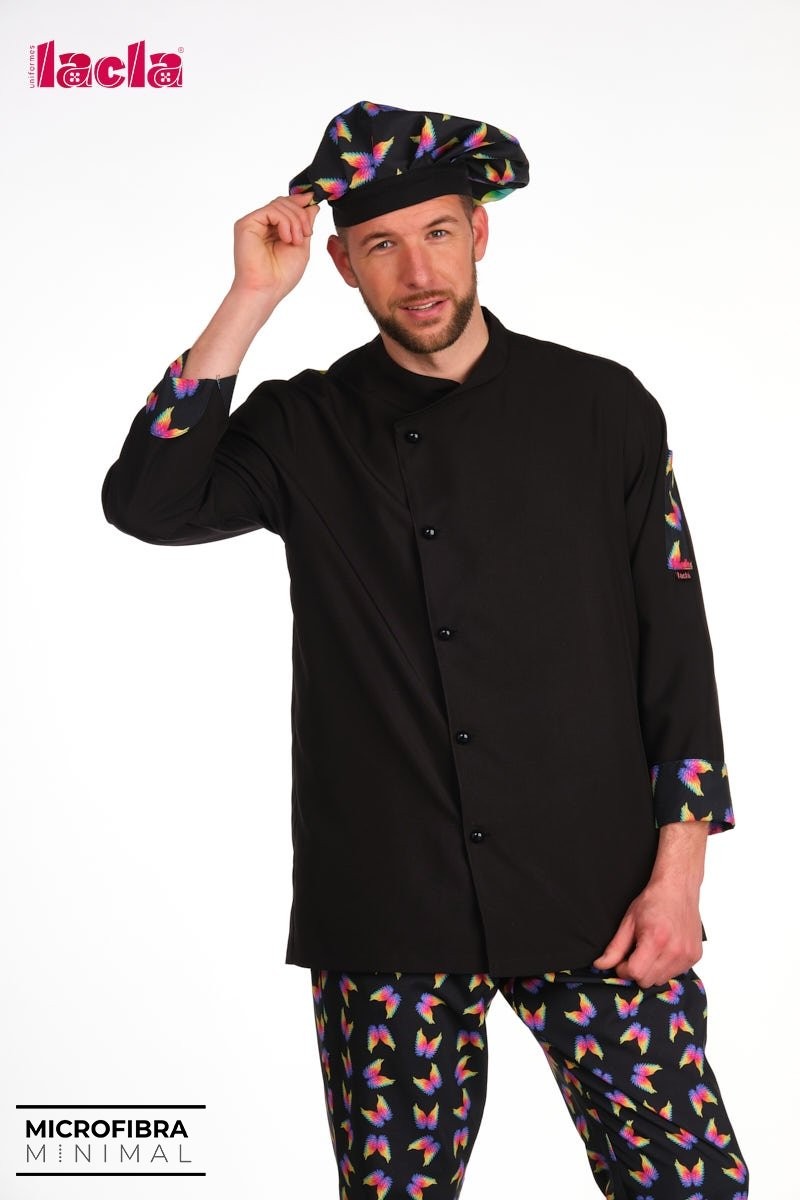 Chaqueta cocina Unisex ML “Estampado Ala Colorines“ de cuello mao.