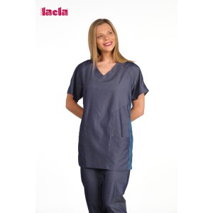 Casaca Unisex, de cuello pico y M/C. Tejano licra color azul oscuro