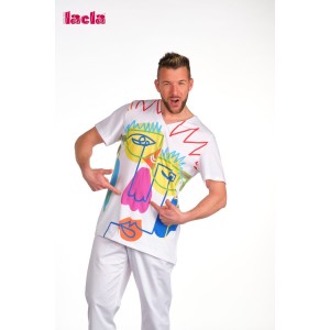 Casaca pijama Unisex. cuello pico y MC. Estampado Caricatura.